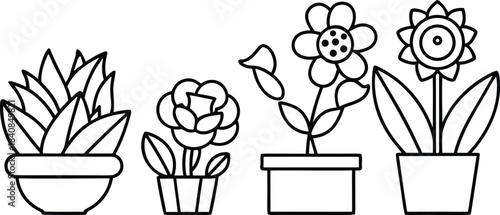 Black and white line of four potted plants flowers