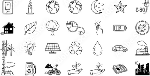 Black and White Line Art Icons for Ecology and Environment: Earth, Moon, Star, Battery, Car, Factory, Solar Panel, Wind Turbine