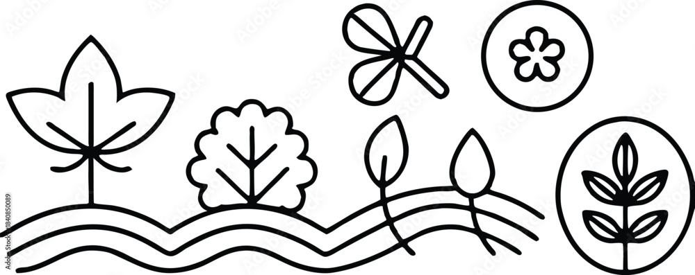 Obraz premium Black line of stylized leaves trees and waves leaf