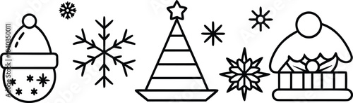 Black line christmas hats snowflakes and tree winter