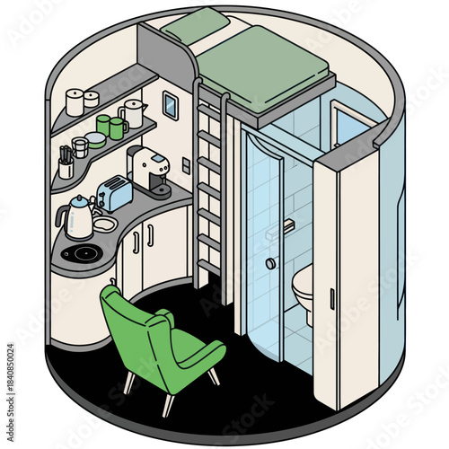 Compact Living Space with Loft Bed Kitchenette and Bathroom.