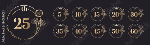 Anniversary logo set 5, 10, 15, 20, 25, 30, 35, 40, 45, 50, 60  Elegant floral design