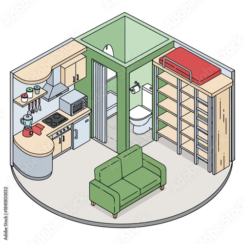 Compact Living Space with Kitchen Sofa and Bathroom.