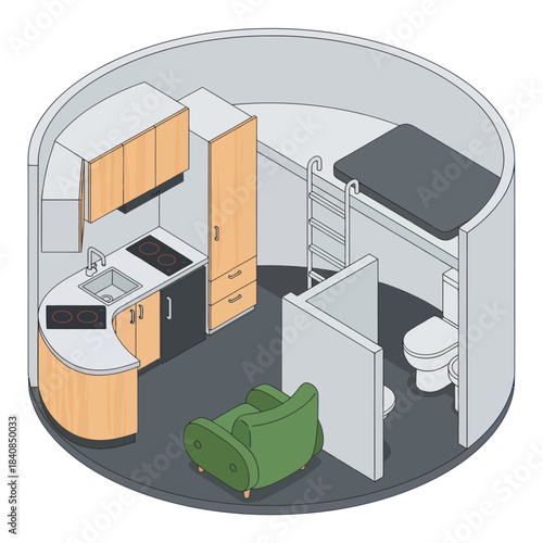 Compact living space with kitchen sleeping area and bathroom.
