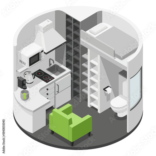 Isometric View of a Compact and Efficient Micro Apartment Interior Design.