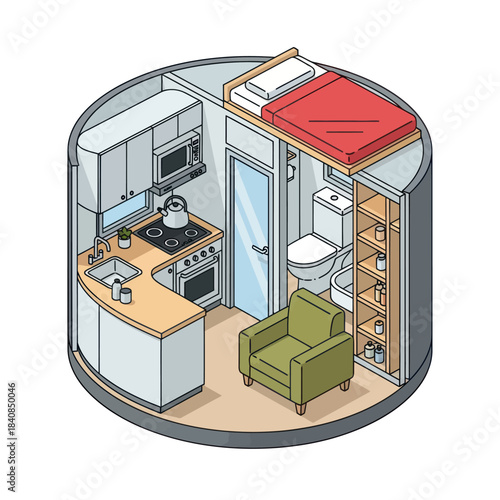 Compact living space with kitchen bathroom and sleeping area.