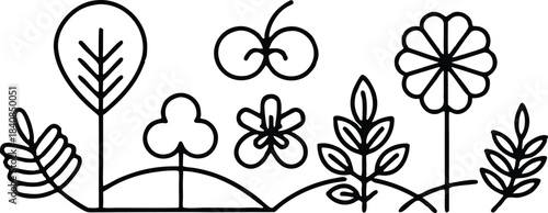 Black line of diverse plants and leaves on white black and white