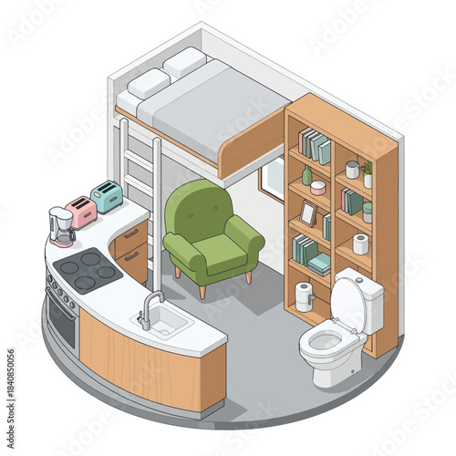 Compact Studio Apartment with Loft Bed and Kitchenette.