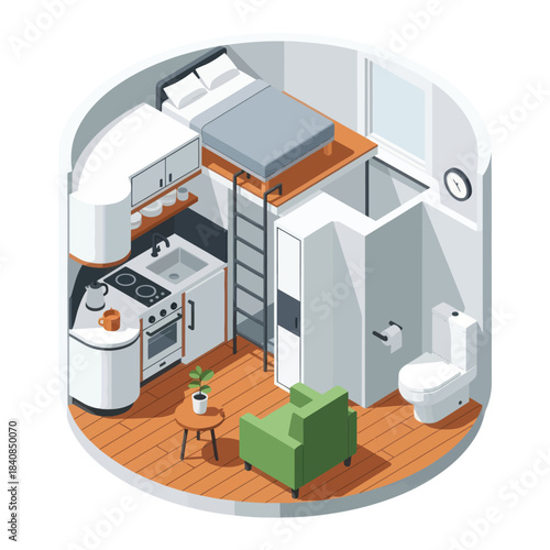 Compact Living Space with Loft Bed and Kitchenette.