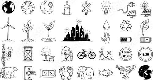 Hand-drawn doodle icons for ecology, environment, nature, renewable energy, climate change, conservation, and sustainable living. Vector illustration set.