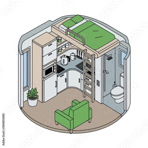 Compact Living Space with Loft Bed and Kitchenette.