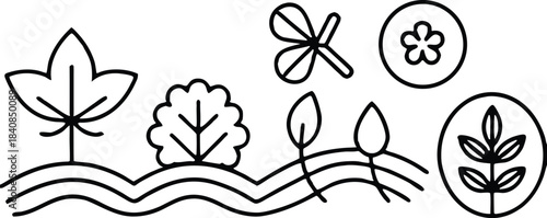 Black line of stylized leaves trees and waves leaf