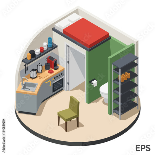 Compact Living Space with Kitchenette and Bed.