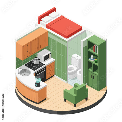 Compact Living Space with Kitchen Bedroom and Bathroom Isometric View.