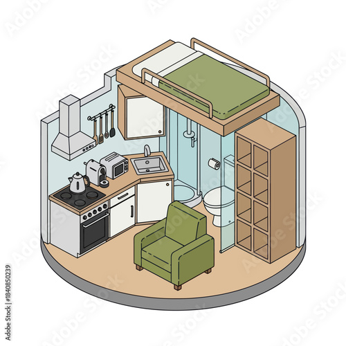 Compact and Efficient Micro Apartment Layout with Loft Bed and Integrated Amenities.