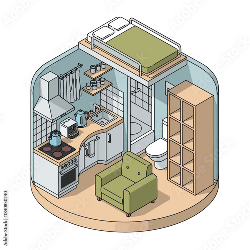 Cozy Isometric Tiny House Interior Design with Loft Bed and Kitchenette.