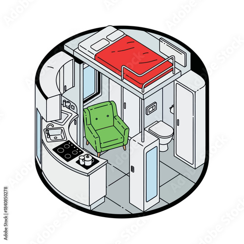 Compact Living Space with Loft Bed and Kitchenette.