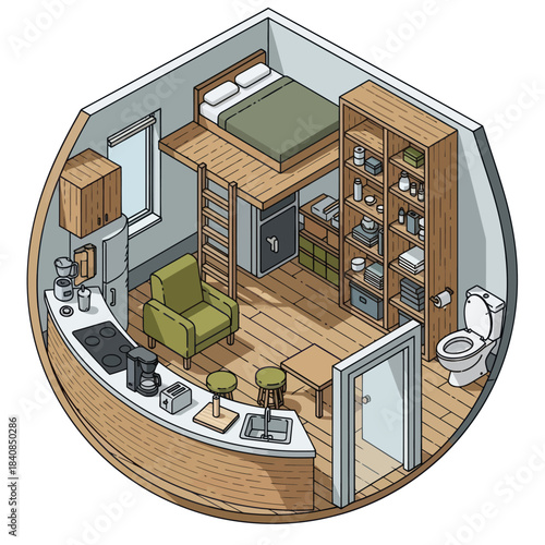 Cozy Studio Apartment with Loft Bed and Kitchenette.
