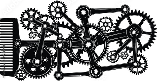 Mechanical gear system, industrial comb fusion, steampunk machinery, engineering concept, kinetic design, mechanical linkage, precision motion, surreal grooming tool integration