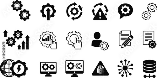 Technology icons, data processing, system management, IT infrastructure, gear settings, global network, security fingerprint, charts, computers, documents, database, arrows, analytics, software