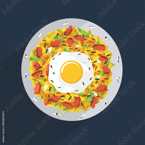 Vibrant flat lay illustration of delicious fried rice topped with a perfectly cooked sunny-side-up egg, a comforting and satisfying meal