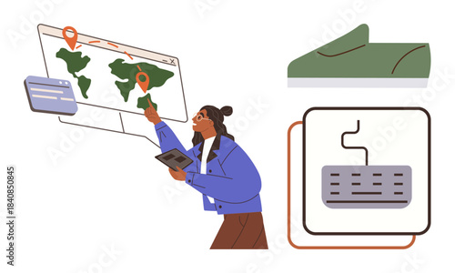 Woman interacting with a digital world map, pinpointing locations, while using a tablet. Includes product prototype and a tech input diagram. Ideal for logistics, innovation, research, planning