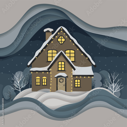 Charming winter house illustration with festive lights, nestled in snowy hills under a starry night sky, crafted in a beautiful paper-cut style art, evoking holiday cheer