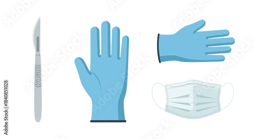 Surgical Tools - Scalpel, Blue Gloves, and White Medical Mask for Healthcare Professionals.