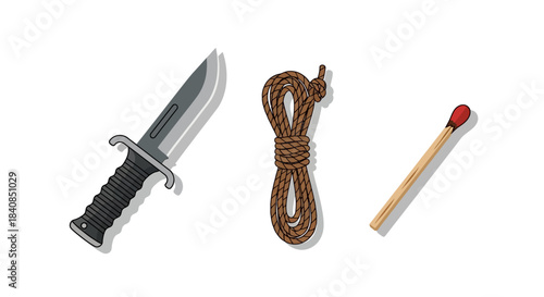 Survival Gear Essentials - Knife, Rope, and Match for Wilderness Preparedness.