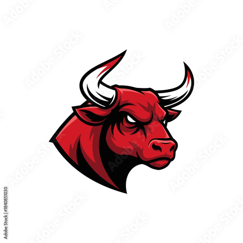 A vibrant red bull head with prominent white horns and an intense, aggressive expression.