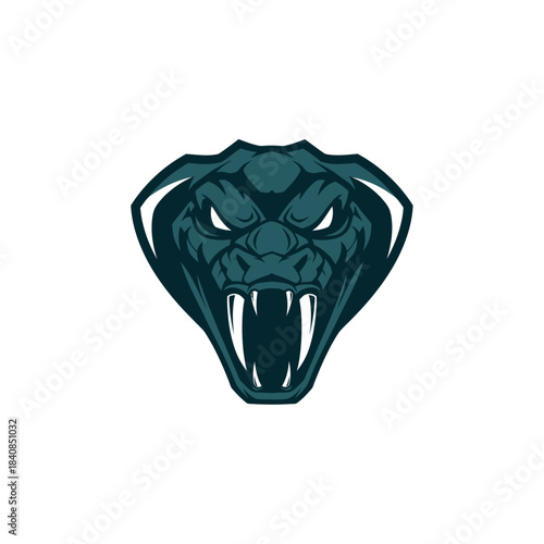A fierce and aggressive cobra snake head logo with sharp fangs and glowing eyes, depicted in a dark teal and white color scheme.