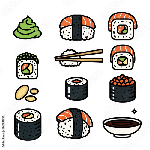 Sushi Assortment - Nigiri, Maki, and Gunkan with Wasabi, Soy Sauce, and Chopsticks.