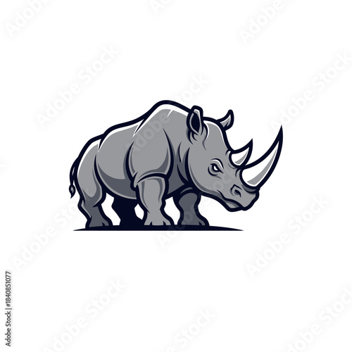 A stylized illustration of a rhinoceros with a prominent horn and muscular build.
