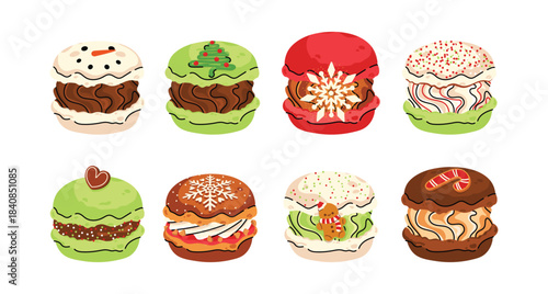 Vector set of colorful Christmas macarons with different flavors. Sweet and festive dessert collection with Santa, reindeer, snowman and holiday decorations. Flat vector isolated on white