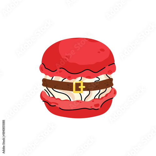 Cute and colorful Christmas macaron with different flavors. Sweet and festive dessert collection with Santa, reindeer, snowman and holiday decorations. Flat vector isolated on white