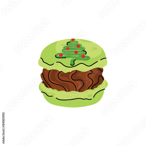 Cute and colorful Christmas macaron with different flavors. Sweet and festive dessert collection with Santa, reindeer, snowman and holiday decorations. Flat vector isolated on white