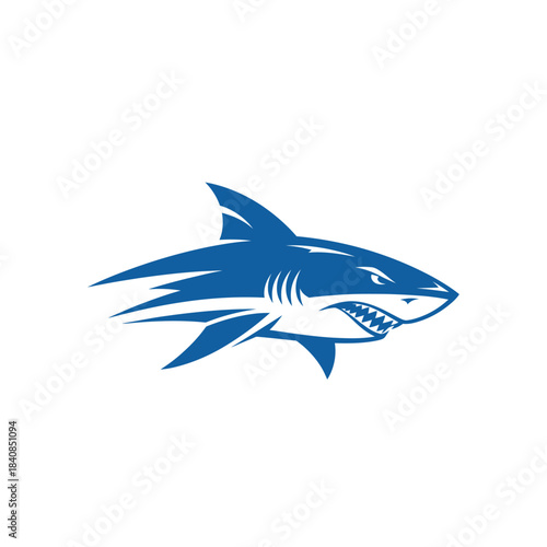 A fierce blue shark with sharp teeth and a powerful body, depicted in a dynamic, stylized illustration.