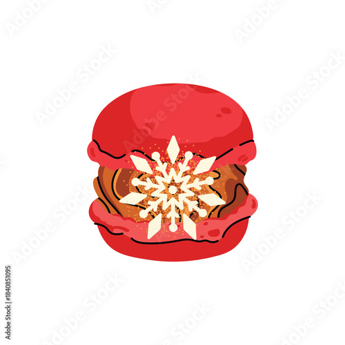 Cute and colorful Christmas macaron with different flavors. Sweet and festive dessert collection with Santa, reindeer, snowman and holiday decorations. Flat vector isolated on white