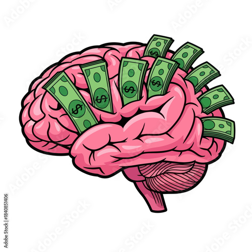 Brain with Money Bills Illustration Representing Financial Intelligence.