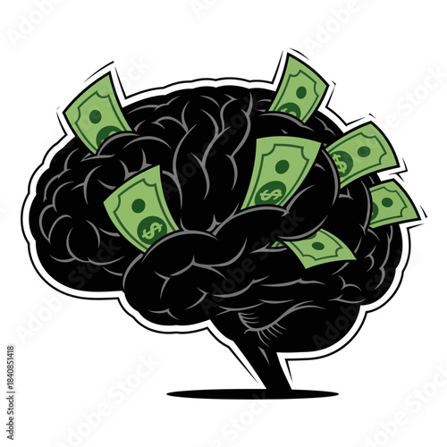 Brain filled with money representing financial thoughts and business acumen.