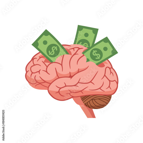 Brain with Money Bills Illustrating Financial Intelligence and Wealth.