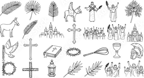 Black and White Line Art Icons of Christian Symbols and Biblical Scenes for Religious Themes