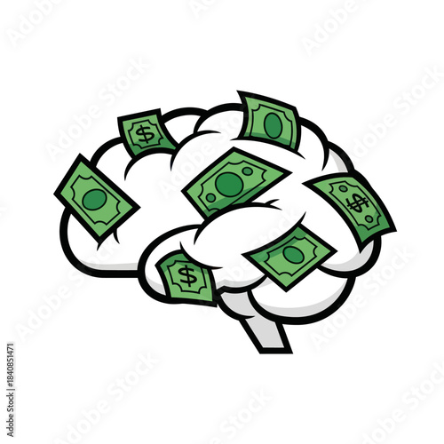 Brain with Money Bills Illustrating Financial Intelligence and Wealth.