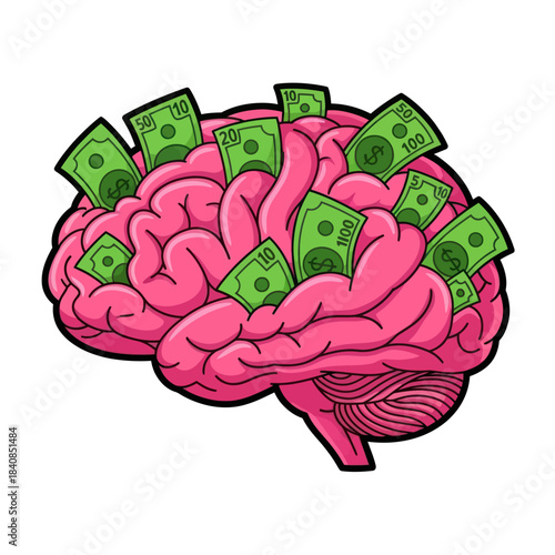 Brain Filled With Money Symbolizing Financial Intelligence And Wealth.