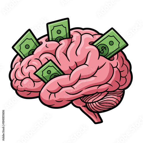 Brain with Money Illustration Representing Financial Intelligence and Investment.