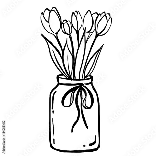vectorized ink drawing of a mason jar filled with tulips