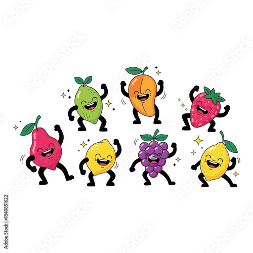 Collection of seven happy cartoon fruits dancing isolated on transparent background isolated on white background