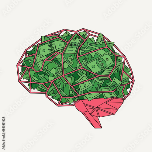 Brain filled with money representing financial intelligence and wealth.
