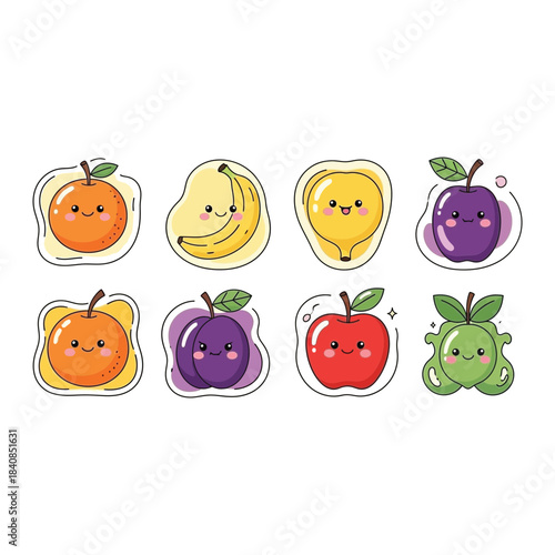 Collection of cute kawaii fruits with happy faces isolated on transparent background isolated on white background