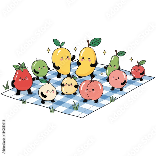 Cute cartoon fruits having a picnic on a checkered blanket isolated on transparent background isolated on white background